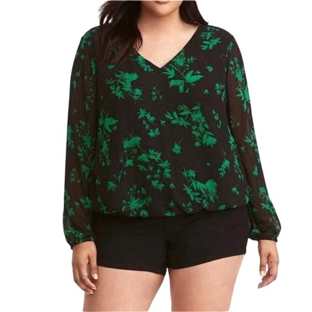 Torrid Floral Blouse Top Plus Size‎ Criss Cross Back Long Sleeve Black Green